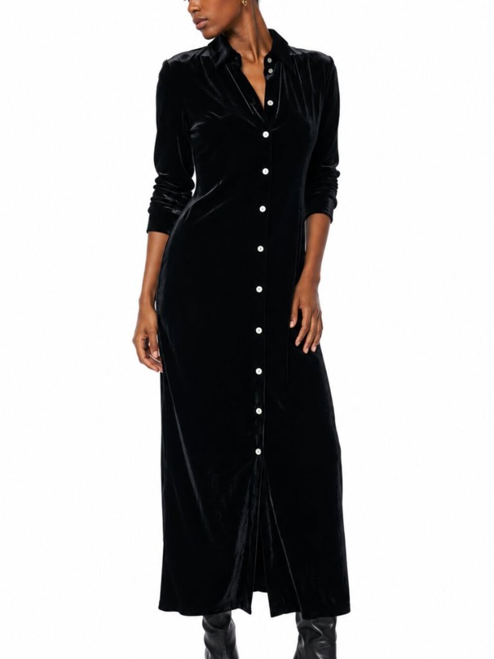 Faherty Silk Shirt Dress Black Velvet Stretch Maxi